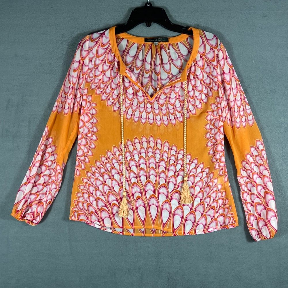Rose & Olive Women Blouse Size S Orange Pink Geometric Boho Long Balloon Sleeve